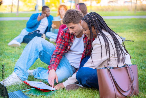 Young couple using notebook together while sitting on grass outdoors photo