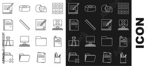 Set line Pencil case stationery, File document and binder clip, Computer with keyboard x mark, Scotch, Ruler, Blank notebook pen and pencil eraser icon. Vector