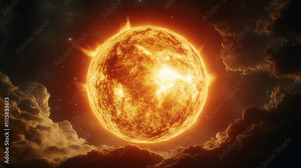 Obraz premium Earth at perihelion with the Sun appearing very large and bright, yellow and red light filling the top of the composition, Ai generated images