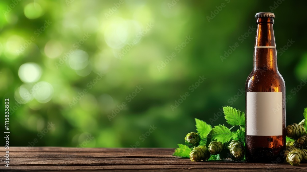 A cool brown beer bottle with a white label amid fresh green hops, placed on a wooden table, provides a textured, warm backdrop ideal for stock. A cool brown beer bottle with a white label amid fresh green hops, placed on a wooden table, provides a textured, warm backdrop ideal for stock.