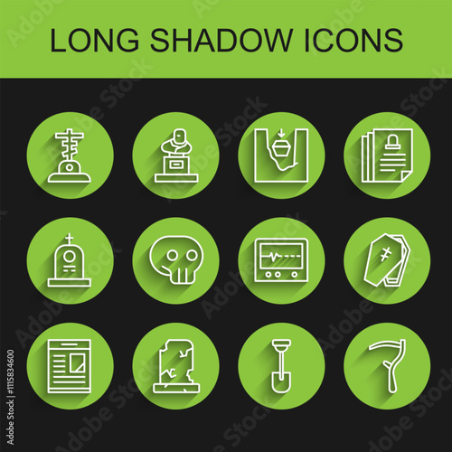 Set line Obituaries, Old grave with tombstone, Grave cross, Shovel, Scythe, Skull, Coffin and Beat dead monitor icon. Vector