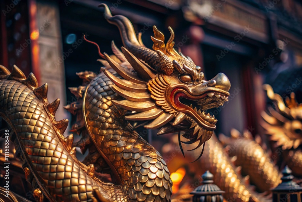 Obraz premium The statue of the golden dragon. The symbol of the Chinese New Year celebration. A close-up photo of a Chinese dragon.