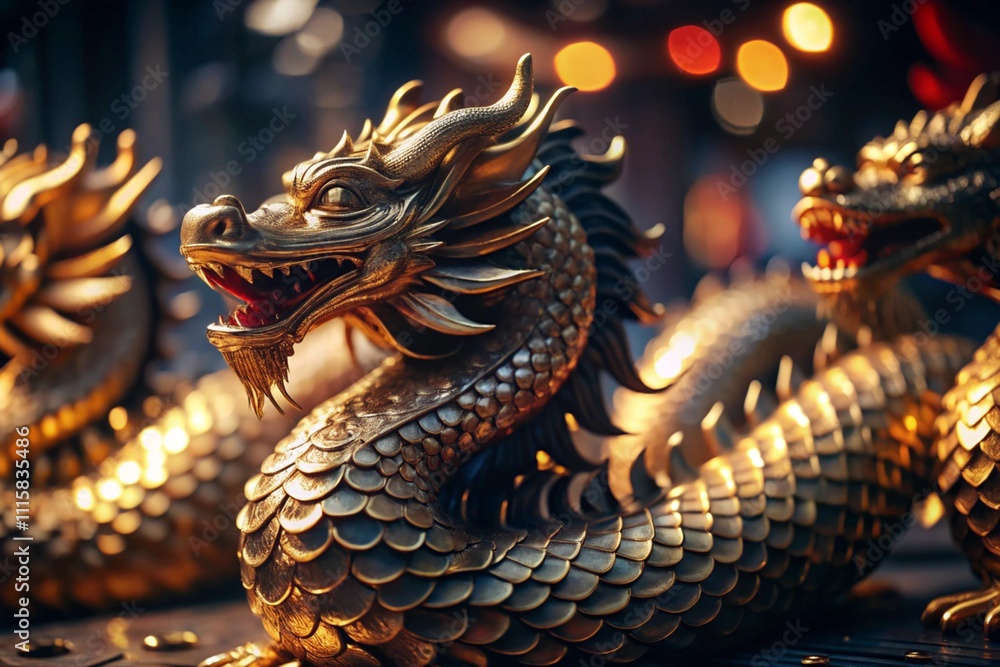 Obraz premium The statue of the golden dragon. The symbol of the Chinese New Year celebration. A close-up photo of a Chinese dragon.
