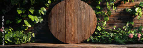 A circular mockup signboard on a rustic wooden wall, with ivy climbing around the edges, creating a natural. photo