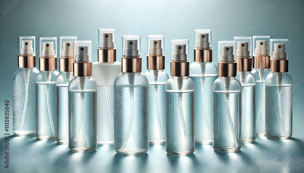 A neat row of luxury facial mists in elegant A neat row of luxury facial mists in elegant