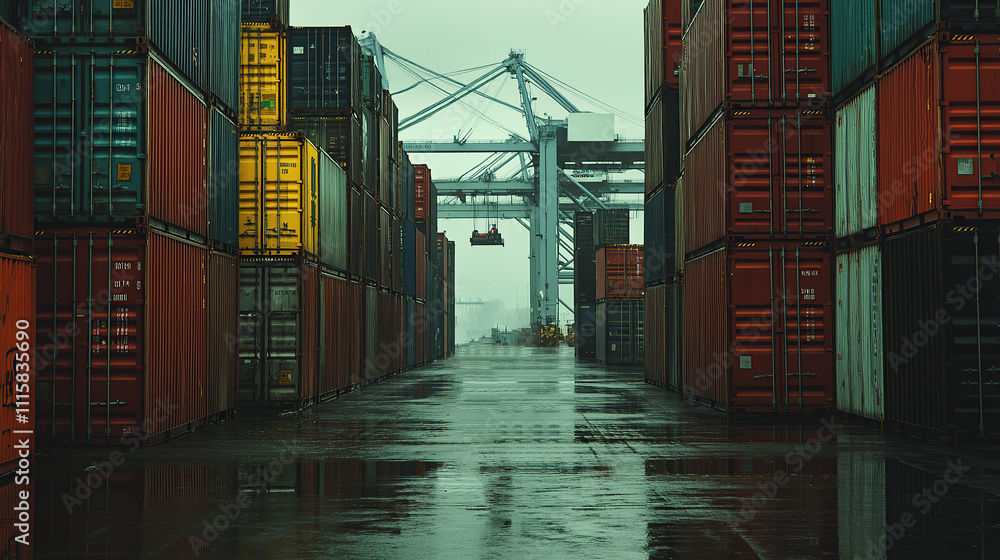 Fototapeta premium A shipping yard with stacked containers under a cloudy sky.