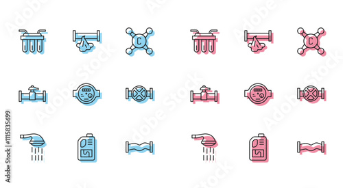 Set line Shower, Drain cleaner bottle, Water filter, Industry metallic pipe, meter, and valve, and Broken icon. Vector