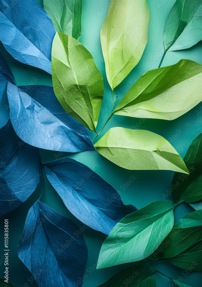 Obraz premium Background made of tinted paper with a nature motif, earthy green and blue tones.