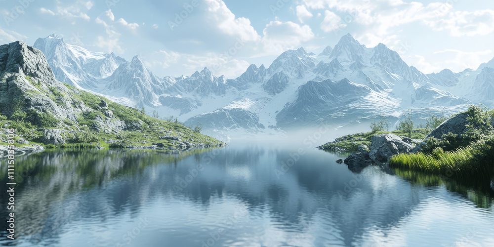 Fototapeta premium The tranquil mountain range and calm lake create a harmonious natural landscape.