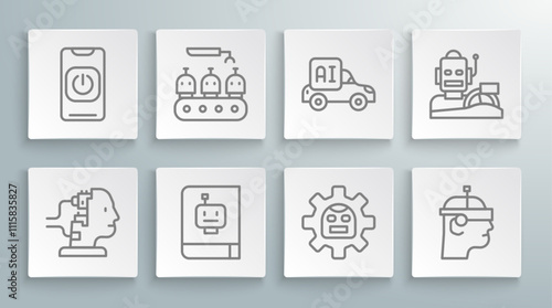 Set line Robot for maintenance, Industrial production of robots, User manual, Smart glasses, Autonomous smart car, humanoid driving and Turn off from phone icon. Vector