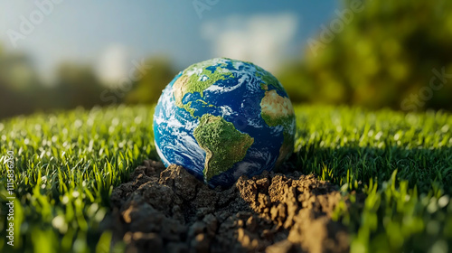 Earth globe surrounded by lush green grass on one side and dry. photo