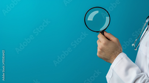 A doctor's hand holding a magnifying glass against a teal background