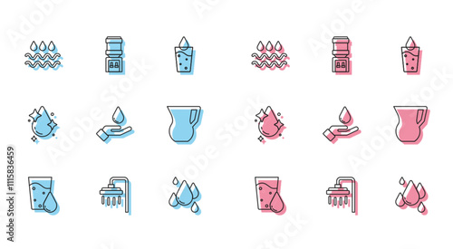 Set line Glass with water, Shower, Wave drop, Water, Washing hands soap, Jug glass, and cooler icon. Vector