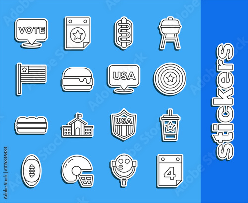 Set line Calendar with date July 4, Paper glass straw, American star shield, Hotdog sandwich, Burger, flag, Vote and USA Independence day icon. Vector