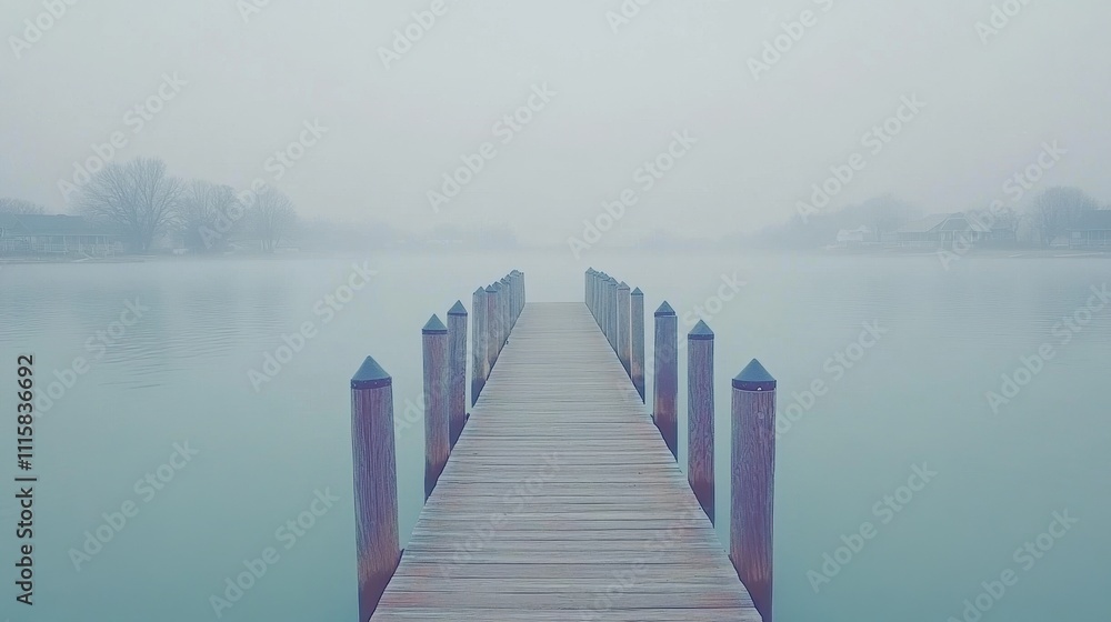 Fototapeta premium Serene Solitude: A Misty Pier Overlooking a Tranquil Lake