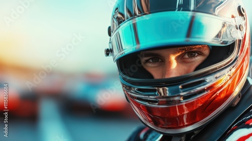 With a confident gaze, this motorsport racer in a colorful helmet exudes readiness, positioned to take on the high-speed track challenge ahead. photo