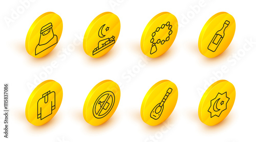 Set line Octagonal star, Lute, No alcohol, Shirt kurta, Bottle of water, Rosary beads religion, Muslim man prays and woman in niqab icon. Vector