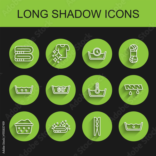 Set line Basin with soap suds, Towel stack, Clothes pin, Temperature wash, Squeeze clothes and icon. Vector