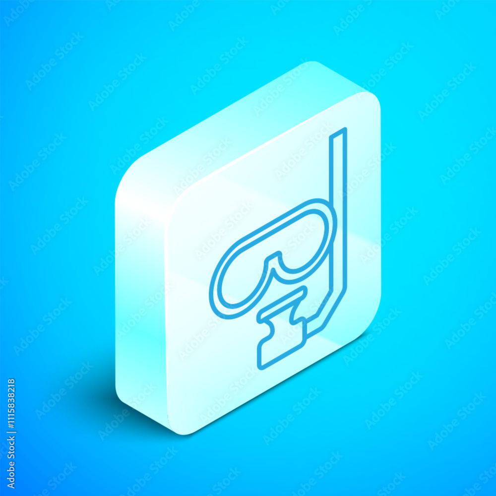 Isometric line Diving mask and snorkel icon isolated on blue background. Extreme sport. Diving underwater equipment. Silver square button. Vector Isometric line Diving mask and snorkel icon isolated on blue background. Extreme sport. Diving underwater equipment. Silver square button. Vector
