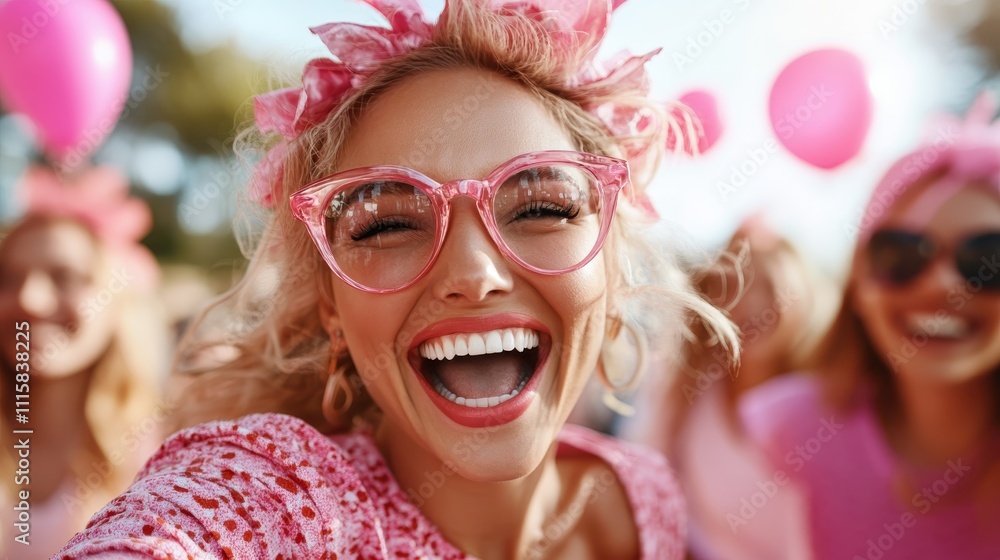 A cheerful person wearing pink glasses and attire, joyfully smiling with friends in the background at a vibrant outdoor event filled with pink decor. A cheerful person wearing pink glasses and attire, joyfully smiling with friends in the background at a vibrant outdoor event filled with pink decor.