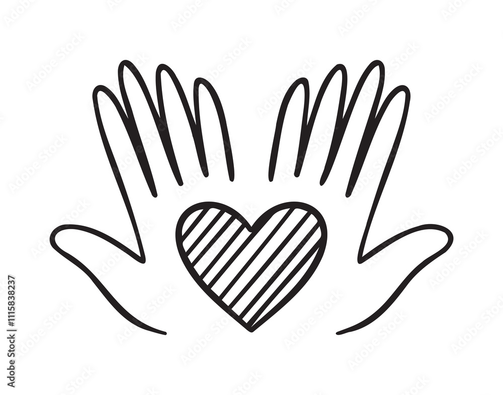 Obraz premium heart in palms of hands doodle hand drawn icon. Love Relationship concept outline drawing hands and heart line clipart symbol