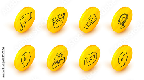 Set line Hairstyle for men, Mustache and beard, Oil hair care treatment, Baldness, Hand mirror, Shaving foam on hand, and dryer icon. Vector