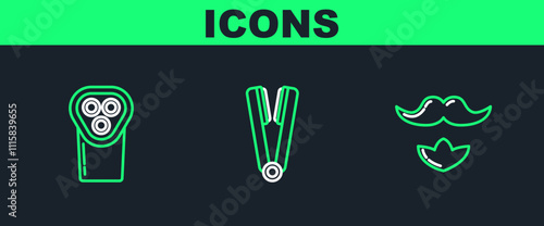 Set line Mustache and beard, Electrical hair clipper or shaver and Curling iron for icon. Vector