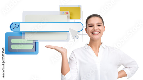 Smiling woman in white shirt showing web UI elements, including a search bar, windows, and cursor, on isolated white background. Internet concept