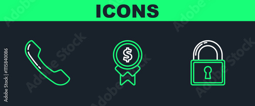 Set line Lock, Telephone handset and Reward for good work icon. Vector