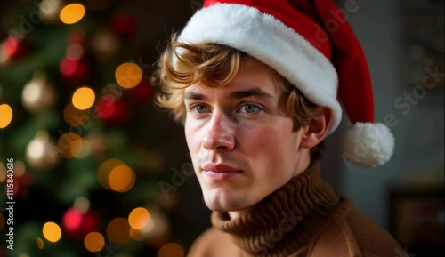 Pensive young boy in Santa hat standing near Christmas tree