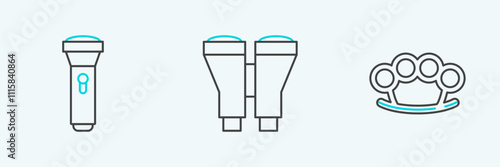 Set line Brass knuckles, Flashlight and Binoculars icon. Vector