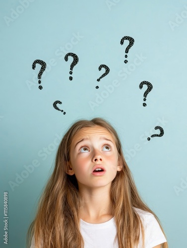 Mind Boggling Mysteries: Photorealistic Image of Perplexed Young Girl Surrounded by Floating Question Marks on Pale Blue Background photo