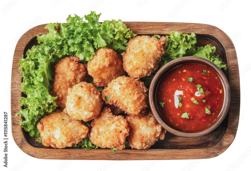 Fototapeta premium Delicious fried snacks served with spicy sauce, cut out - stock png.