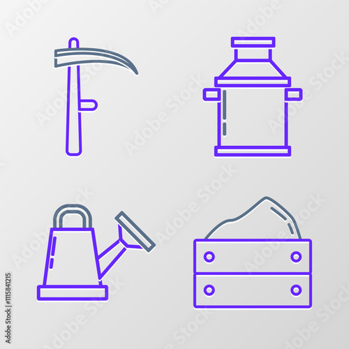 Set line Wooden box with harvest, Watering can, Can container for milk and Scythe icon. Vector