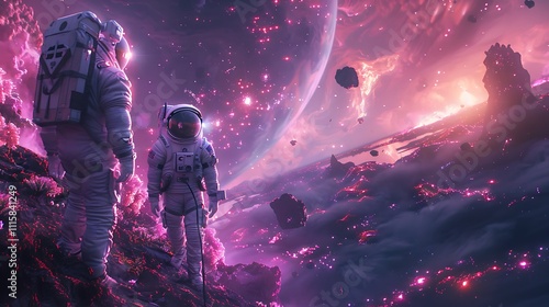 Two astronauts in space suits stand on a rocky, vibrant, purple and pink landscape with other planets and debris.

 photo