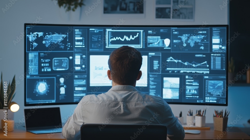 Innovative Marketing Professional Curating Multimedia Campaigns on Ultra-Modern Screen - Photorealistic Image Innovative Marketing Professional Curating Multimedia Campaigns on Ultra-Modern Screen - Photorealistic Image