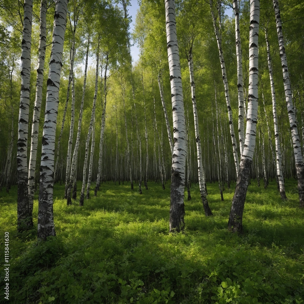 Obraz premium A green meadow bordered by a dense forest of birch trees.
