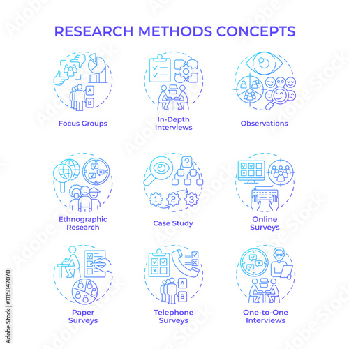 Research methods blue gradient concept icons. Data collecting, survey. Marketing strategy. Icon pack. Vector images. Round shape illustrations for infographic, presentation. Abstract idea