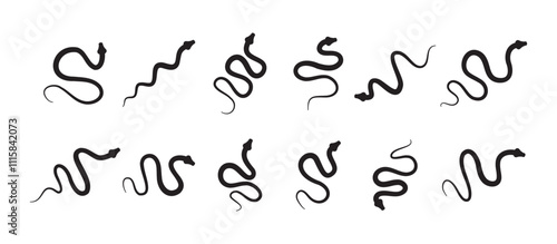Black silhouette snake icon set. Isolated snake symbol on white background. Abstract snake sign