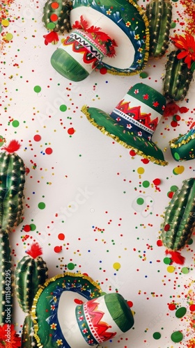 Cinco de Mayo banner with A bunch of cactus with hats on them and a white background. The hats are decorated with colorful designs photo