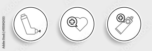 Set line Ointment cream tube medicine, Inhaler and Heart with cross icon. Vector