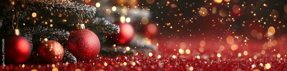 Christmas tree with golden lights and red ornaments Christmas tree with golden lights and red ornaments