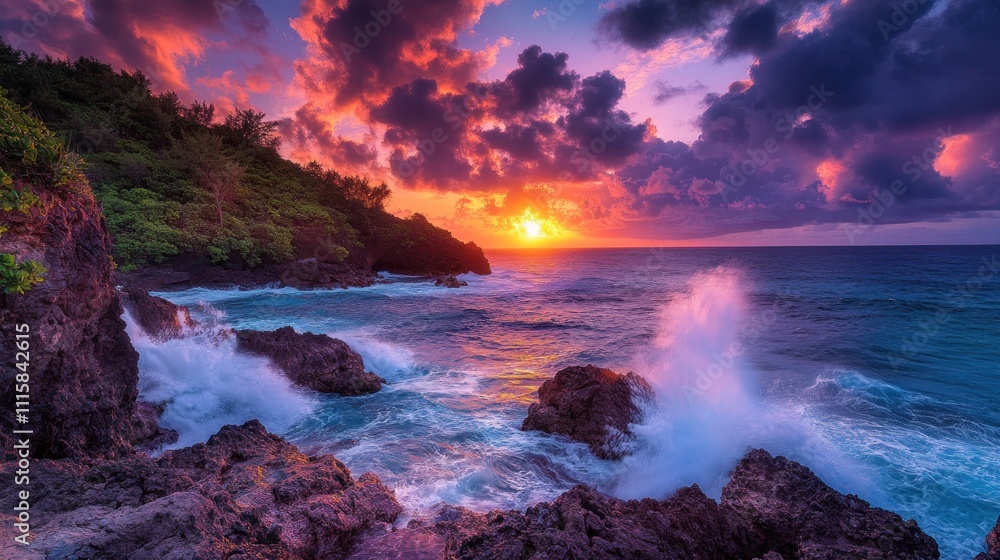 Obraz premium A vibrant sunset over the ocean with crashing waves and rocky coastline.