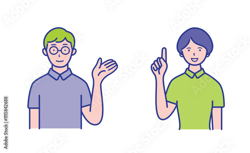 手をあげて案内する男性と指差しポーズの女性の上半身イラスト素材【セット】