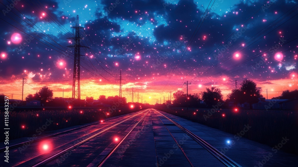 A vibrant sunset over a railway, enhanced with glowing particles for a dreamlike effect. A vibrant sunset over a railway, enhanced with glowing particles for a dreamlike effect.