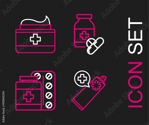 Set line Ointment cream tube medicine, Medicine bottle and pills, and icon. Vector