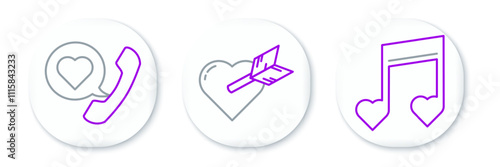 Set line Music note, tone with hearts, Telephone speech bubble and Amour and arrow icon. Vector