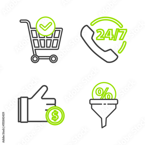 Set line Lead management, Hand holding coin, Telephone 24 hours support and Shopping cart with check mark icon. Vector