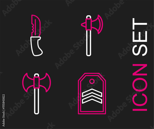 Set line Chevron, Medieval axe, and Military knife icon. Vector