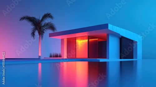 Modern Minimalist House Design Neon Lights Palm Tree photo